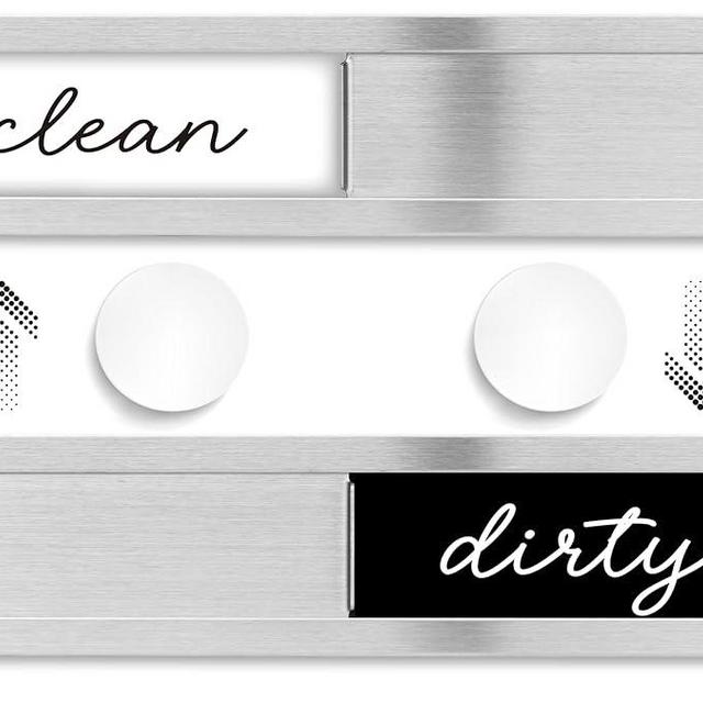 Stainless Steel Dishwasher Magnet Clean Dirty Sign - Clean/Dirty Magnetic Signs That Says Clean & Dirty for Home or Kitchen - Optional Adhesive for Non-Metal Surfaces - Black and White