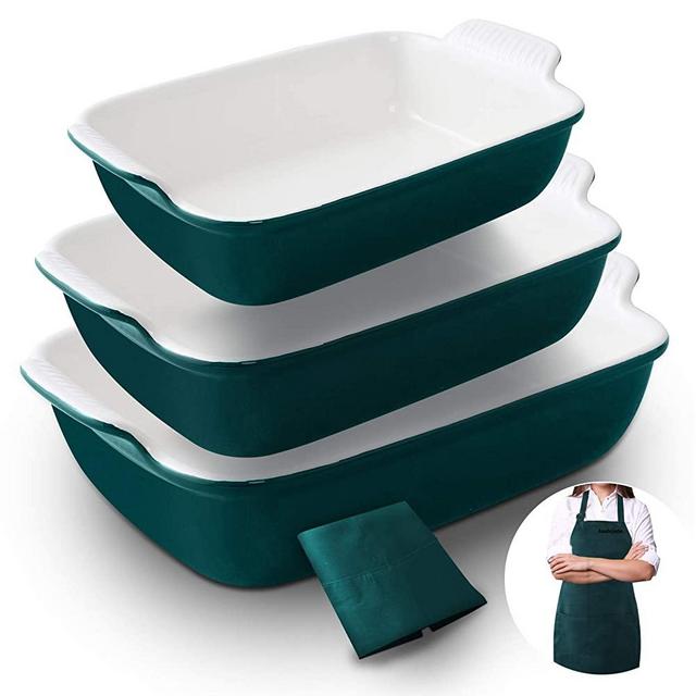 Asahijade Ceramic Bakeware Sets, 3 Pcs Casserole Dishes, Non-stick Lasagna Pans, Rectangular Baking Dish Set for Cooking, Cake Dinner, Kitchen, Banquet and Daily Use, 13.1X9.8” (Peacock Green)