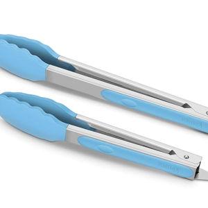 Set of 2 Kitchen Tongs, Premium Stainless Steel Locking 9-Inch & 12-Inch Silicone Grilling Barbeque Cooking Food Tong, Blue