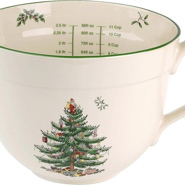 Spode Christmas Tree Batter Jug - 2 Quart Mixing Batter Bowl with Handle and Precision Pour Spout, Fine Earthenware Holiday Baking Tool - Festive Bakeware for Christmas, Dishwasher & Microwave Safe