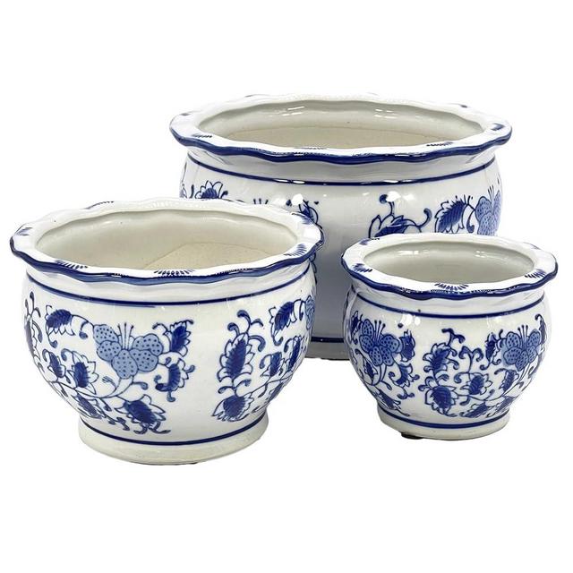 Galt International Blue & White Floral Porcelain Ceramic Decorative Flower Pot 8"/6"/4.5" Garden Pots Chinese Asian Design - Set of 3 Round