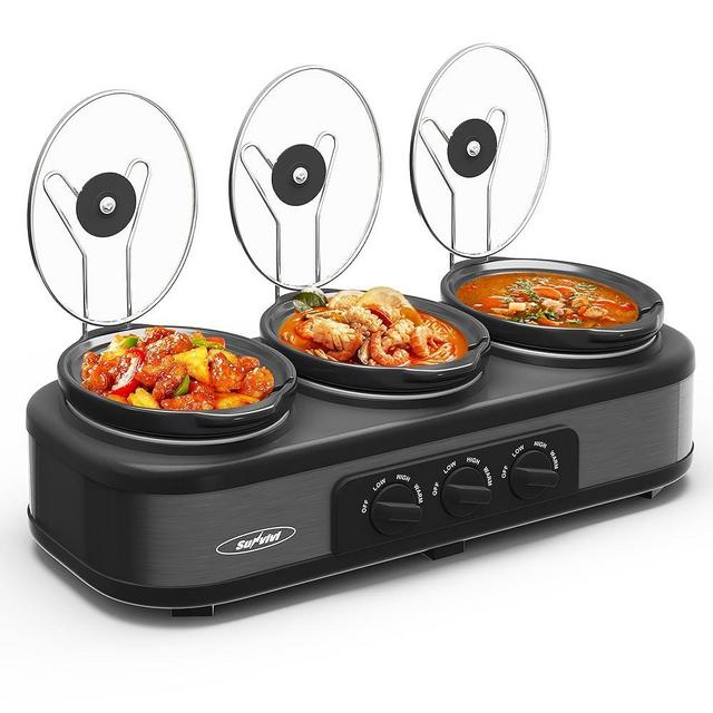 Sunvivi Triple Slow Cooker, Buffet Food Warmer with three 1.5-Quart Removable Ceramic Pots, Buffet Servers and Warmers with Glass Lids and 3 Spoons, Stainless Steel, Grey