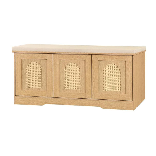 DINZI LVJ Shoe Bench, Entryway Storage Bench with Doors, Cushion, 2-Tier Shoe Rack with 6-Cubby, 39.4”L x 13.8”W Shoe Organizer Cabinet, Adjustable Shelf, Living Room, Bedroom, Natural with Rattan