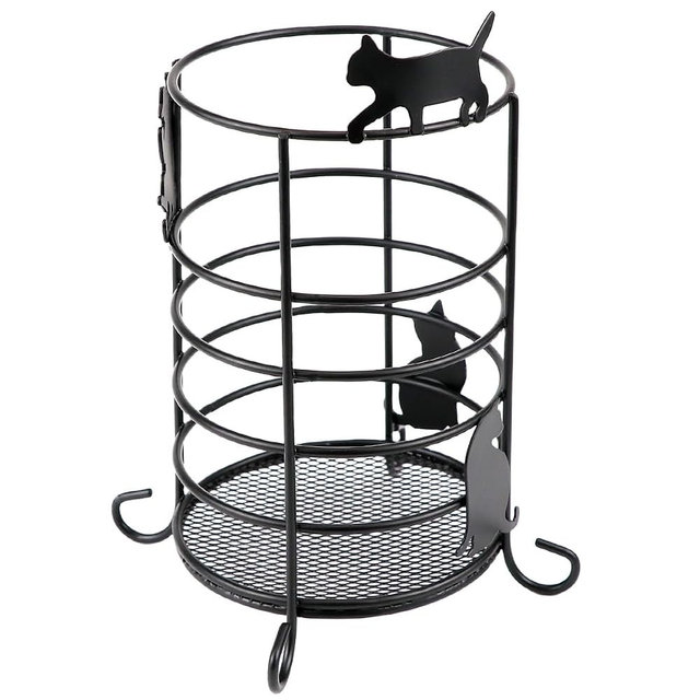 DOERDO Round Metal Utensil Holder for Kitchen Counter, Ventilated Cutlery Caddy with Mesh Base and Cat Design for Rustproof Spoon Spatula Whisk