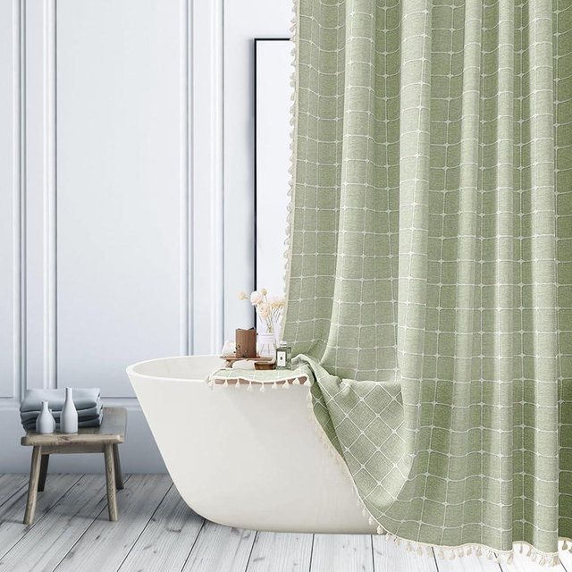 Sage Green Striped Shower Curtain - Farmhouse Boho Linen Fabric Shower Curtains for Bathroom, Bohemian Cute Thick Bathroom Curtain Set with Tassel - Bohemian Cloth Shower Curtain Long 72x78 Inch