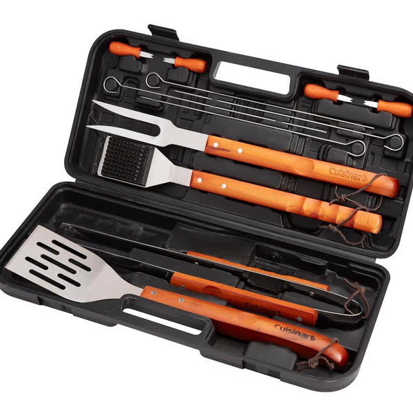Cuisinart 13-Piece Wooden Handle Grill Tools Set, Grill Utensils Set BBQ Accessories, Durable Stainless Steel Spatula, Tongs, Cleaning Brush & More, Compact Case, Grilling Gifts for Men, CGS-W13