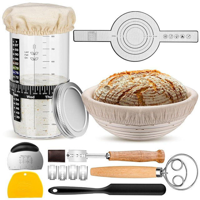 Sourdough Starter Kit, Sourdough Bread Baking Supplies with 9'' Round Banneton Bread Proofing Basket, 36oz Sourdough Starter Jar, Bread Lame, Dough Scraper, Dough Whisk & Silicone Bread Sling