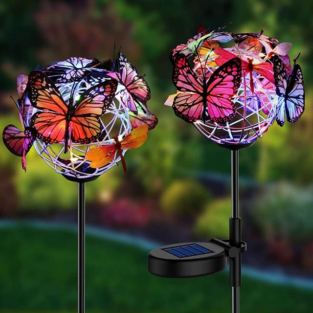 Solar Garden Lights, Solar Powered Outdoor Decor Lights Waterproof, 1 Pack of 2 Lights with 18 Butterflies and Dragonflies, 7-Color Changing LED Garden Stake Lights, Yard, Garden, Lawn, Patio Decor