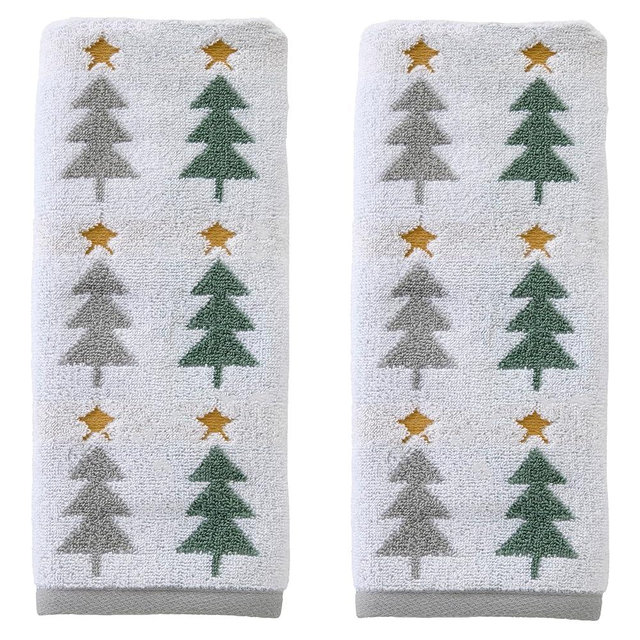 SKL Home Christmas/Winter Multi Trees 100% Cotton Premium 2-Piece Hand Towel Set, 500 GSM, Reversible Jacquard, Soft & Absorbent, Decorative for Bath/Kitchen/Bar, Multi