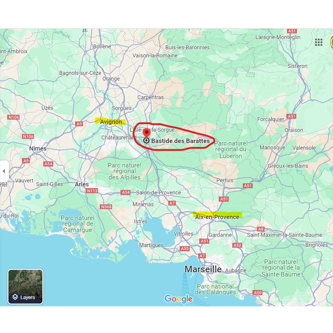 Our venue is circled in red with a view of Avignon and Aix-en-Provence, the two larger cities nearby :)