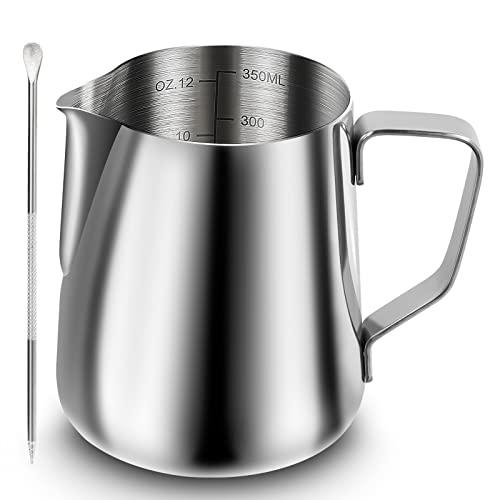 Milk Frothing Pitcher, Espresso Steaming Pitcher 12oz,Espresso Machine Accessories,Stainless Steel Milk Coffee Cappuccino Barista Steam Pitchers Milk Jug Cup with Decorating Pen Latte Art