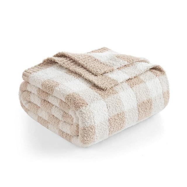 Snuggle Sac Buffalo Plaid Throw Blanket for Couch, Super Soft Cozy Warm Knit Netural Decorative Blankets, Reversible Plaid Fluffy Throws for Sofa Bed, Plaid Beige, 50x60 Inches