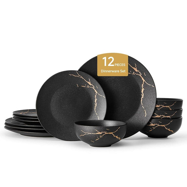 KINGSTONE Porcelain Dinnerware Sets for 4 Plates and Bowls Sets 12 Piece Matte Black Gold Vein Dish Set Scratch Resistant Dinner Salad Plate Dishware for Family Wedding Party Daily