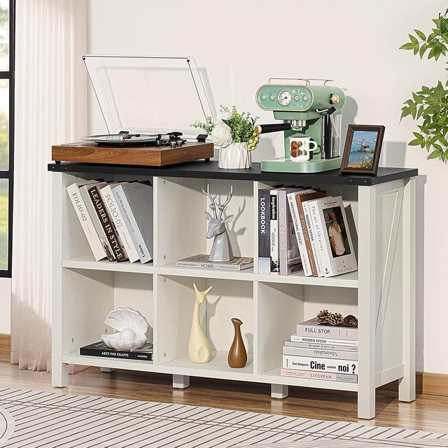 Joaxswe Farmhouse 6 Cube Bookshelf, Antique White & Black Wooden Storage Organizer Book Shelf, 47" Cubby Hallway Bookcase, Kids Toy Storage Cabinet, Modern Open Book Case for Living Room, Playroom