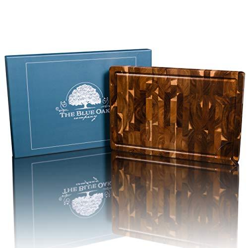 THE BLUE OAK COMPANY Premium Large End Grain Acacia Wood Cutting Board with Juice Groove and Spout | Chopping Board | Charcuterie Board | Cheese Board