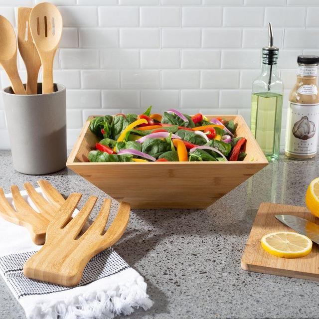 11-Inch Bamboo Salad Bowl with Utensils - FDA Certified Modern Square Wood Dinnerware Eco-Friendly and Bacteria Resistant by Hastings Home