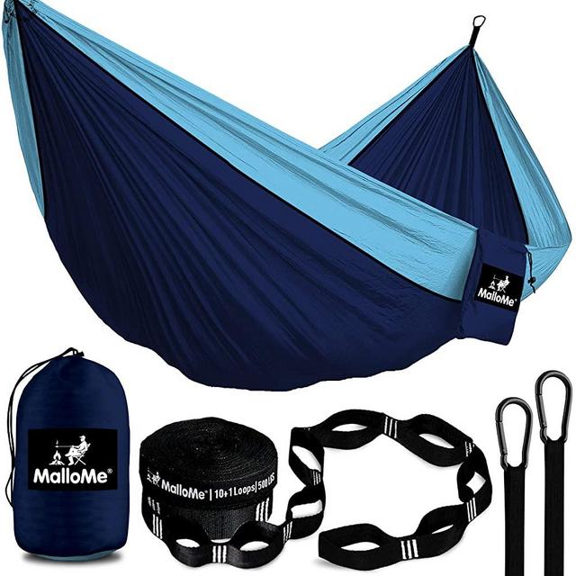 MalloMe Double & Single Portable Camping Hammock - Parachute Lightweight Nylon with Hammok Tree Straps Set- 2 Person Equipment Kids Accessories Max 1000 lbs Breaking Capacity - Free 2 Carabiners