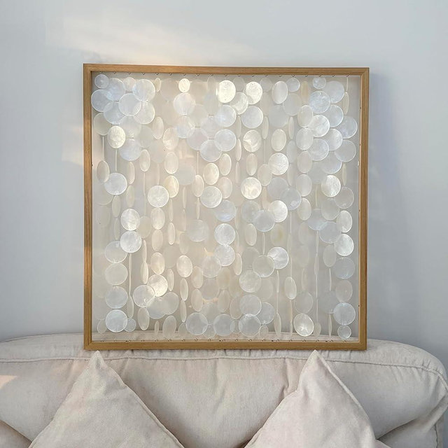 Bergamot 3D Handmade 24"x24" Capiz Shell Wooden Framed Wall Art, Coastal Wall Art Décor, Minimalist White Sea Shell Wall Decor for Living Room, Bedroom, Office