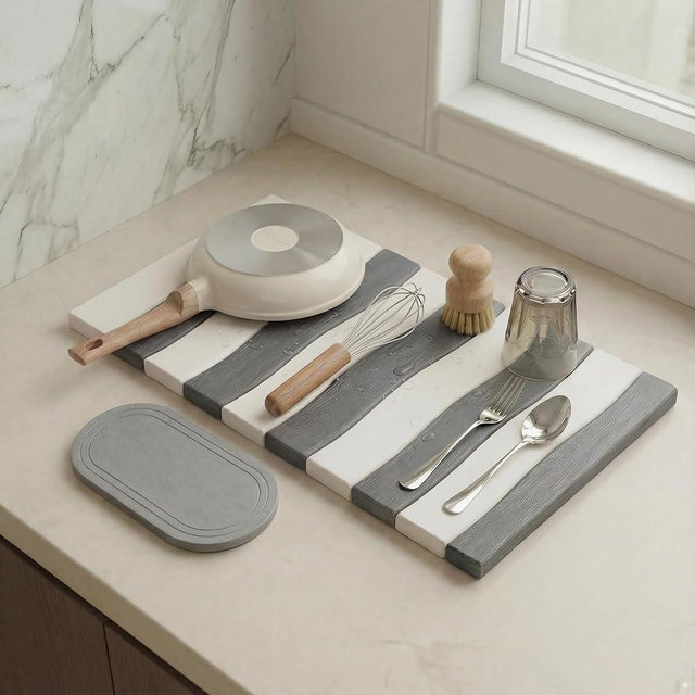 MATSTYLES Large Diatomite Stone Dish Drying Mat for Kitchen Counter, 2 PCS Quick Dry Diatomaceous Earth Stone Dishes Mats for Countertop, Non-Slip Base, Foldable Design (Gray & White 24"×16" & 11"x5")