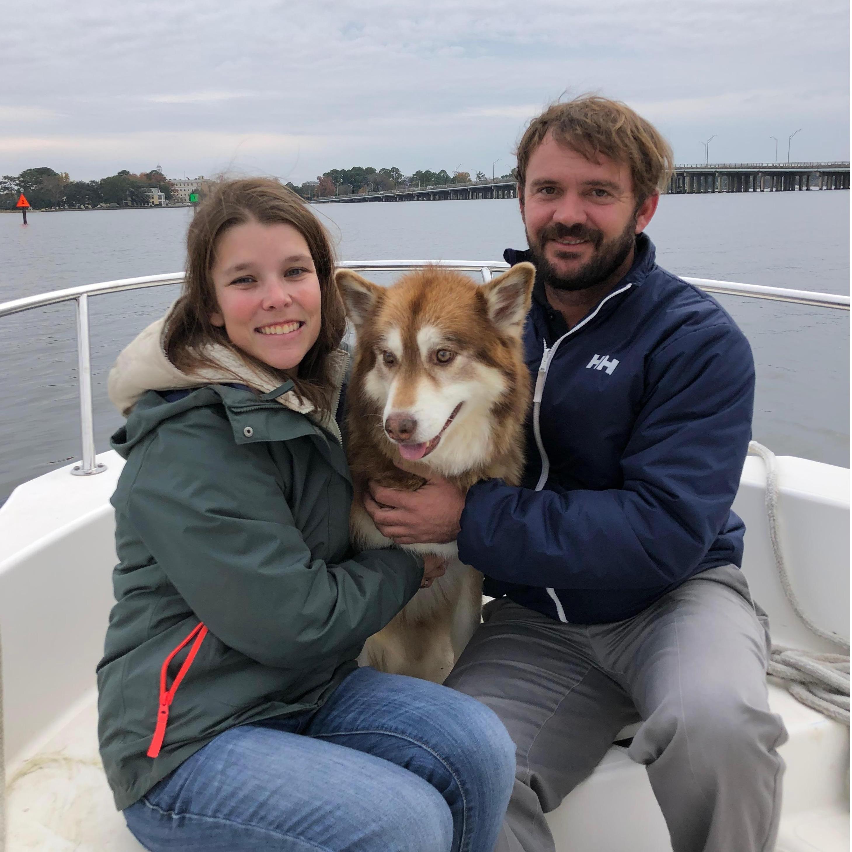 The first picture of us with our little buddy, Boris, on a boat ride in December 2018.  We adopted him from Jacob's brother a few weeks before while in Greenville for Thanksgiving.  We love our Boris!