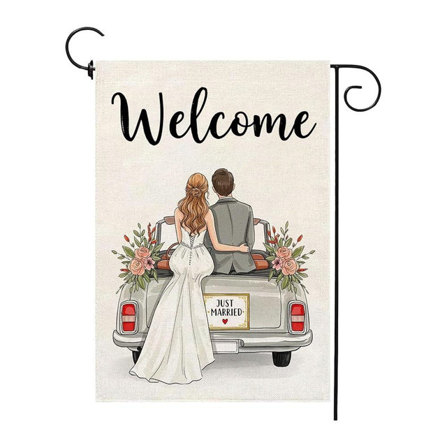 Just Married Wedding Garden Flag 12x18 Inch Burlap Double Sided Outside Marriage Car Welcome Romantic Yard Outdoor Decoration