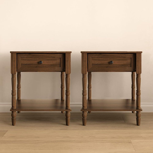 HOME DESIGN Ruston One Drawer Nightstand Set of 2, Brown, Spacious Drawer and Open Lower Shelf, Modern Bedroom Furniture