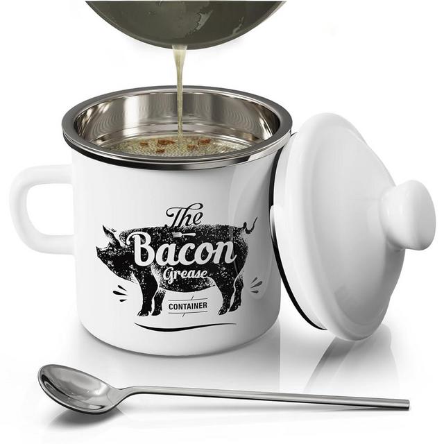 PGYARD Mini Bacon Grease Container With Strainer - 15OZ Enamel Grease Saver, Farmhouse Bacon Grease Keeper For Kitchen Fat Storage, Dishwasher Safe-White
