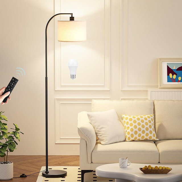 Ambimall Arc Floor Lamp with Remote and Stepless Dimmable Bulb, Colors Temperature & Brightness Adjustable, Black Floor Lamps for Living Room（Deep Beige Shade & Black Pole）