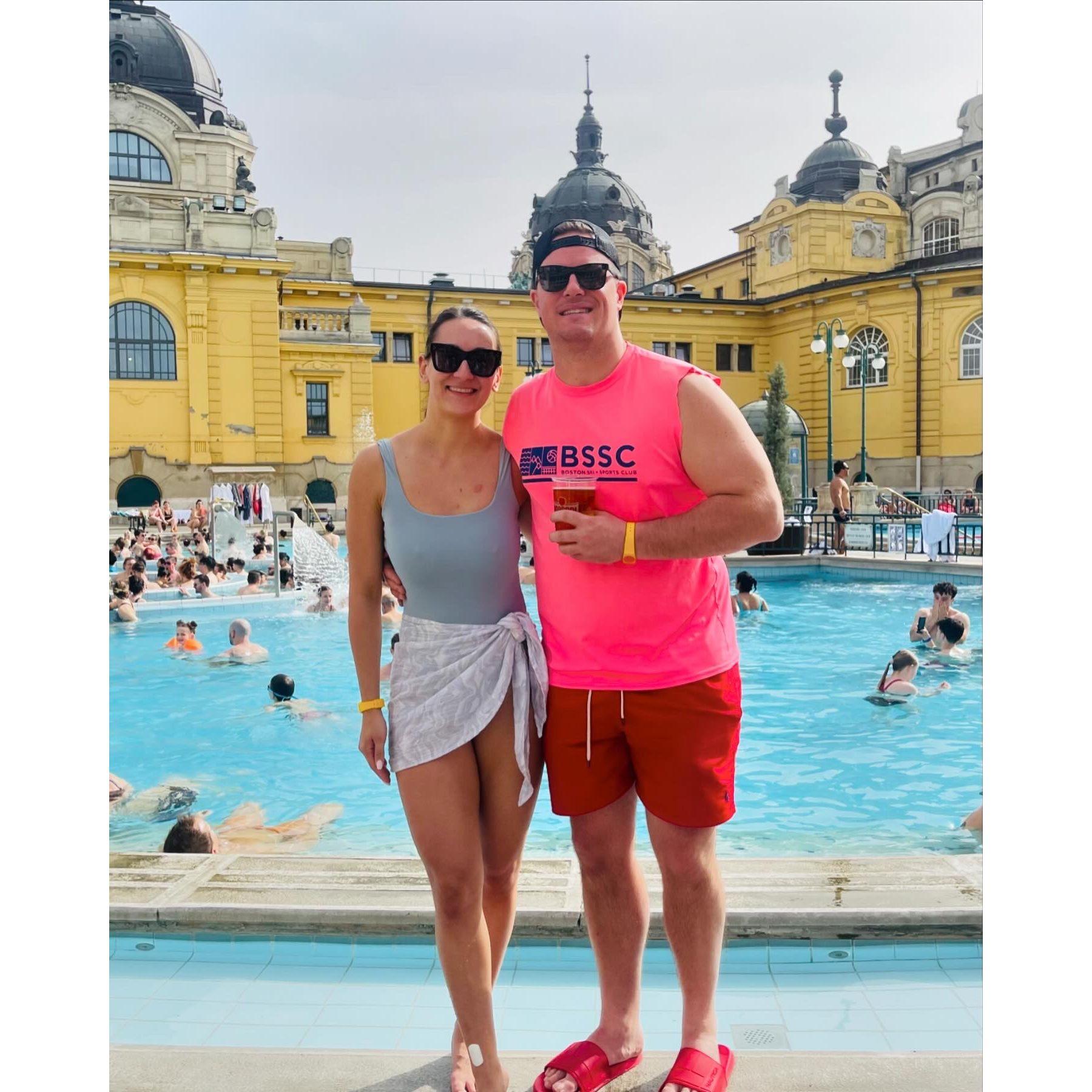 A beautiful day at the world famous Széchenyi Thermal Baths in Budapest.  This doubled as a celebration of UConn's Elite Eight victory over Illinois.