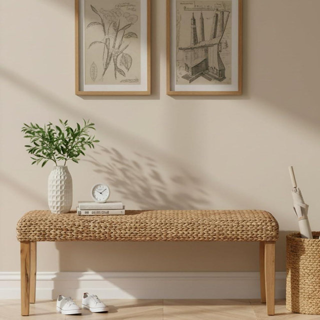 AV CONNECT Solid Wood Acacia Indoor Bench with Natural Woven Seat, 47" Boho Bench Entryway, Wood Bench for Living Room or Entryway, Vintage Bench (Fishbone Style - Natural, Water Hyacinth)