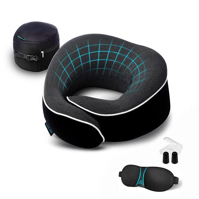 Orthopedic Neck Pillow - Proglobe Travel Neck Pillows for Airplanes, Memory Foam Kit, Updated Resting Material, Airplane Travel Set with 3D Contoured Eye Masks, Earplugs, and Luxury Mesh Bag (Black)