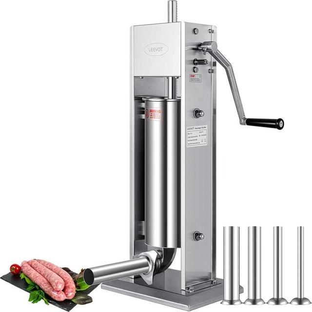 LEEVOT 11Lb/5L Sausage Stuffers，304 Stainless Steel Sausage Maker Adjustable, 2 Speeds, 4 Filling Tubes (Silver)