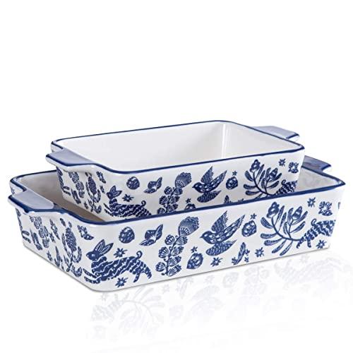 Bakeware Set,SIDUCAL 2 PCS Ceramic Baking Dish Set,Rectangular Serving Bakeware with Heat-Resistant,14x10 Inches,Blue