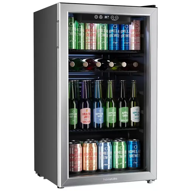 hOmeLabs Beverage Refrigerator and Cooler 120 Can Mini Fridge with Glass Door for Soda, Beer, and Wine with Adjustable Shelves, 3.2 Cu Ft, Steel