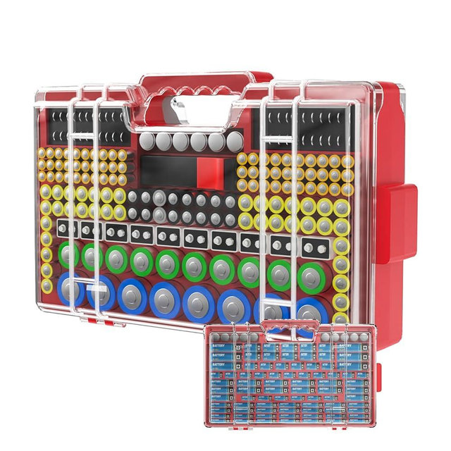 Narotood Battery Organizer Storage Holder Box Case with Tester, Ultra-Large 275+ Batteries Double-Sided Variety Pack,Holds AA AAA 4A C D Cell 9V 3V Lithium18650 LR44 CR2 CR123 CR1632 (Red)