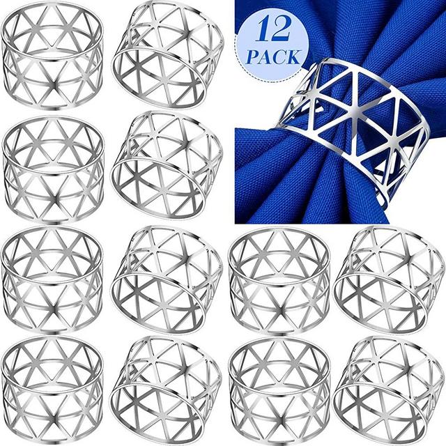 12 Pieces Hollow Out Napkin Rings Holders Napkin Ring Serviette Buckle Holder Household Metal Napkin Holder Adornment for Wedding Thanksgiving Christmas Party Dinner Table (Silver)