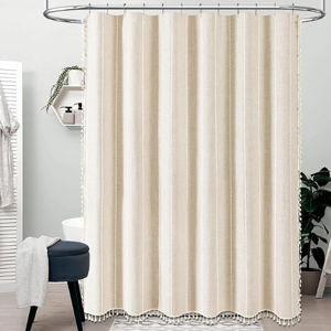 BTTN Boho Farmhouse Shower Curtain, Linen Rustic Weighted Striped Cloth Shower Curtain Set with Tassel, Water Repellent, Bohemian Vintage Country Fabric Shower Curtain for Bathroom, Cream/Beige, 72x72