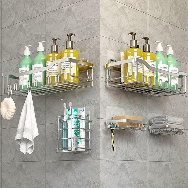 Shower Organizer [5-Pack] Shower Shelves for Inside Shower Adhesive Shower Caddy, No Drilling Rustproof Stainless Steel Extra Large Bathroom Shower shelf, Silver Coraje