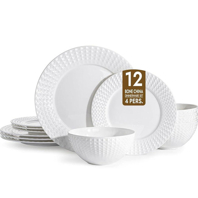 KINGSTONE Bone China Dinnerware Set, 12-Piece White Lightweight Porcelain for 4, Plates and Bowls with Rhombus patterned edge design, Microwave and Dishwasher Safe, for Family, Restaurant, Gifting