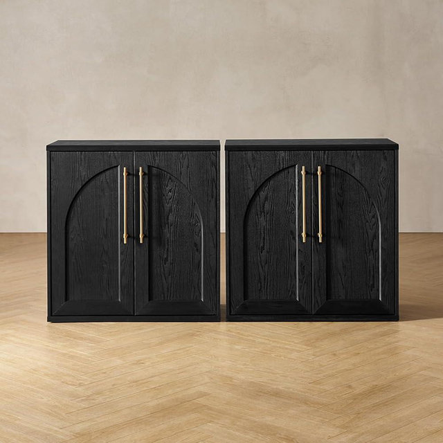 mopio Blake Storage Cabinet, Small Modular Accent Display Sideboard Buffet Cabinet with Storage, Media Console Credenza, for Kitchen, Coffee Bar, Pantry, Living Room (Black Oak Arched, Set of 2)
