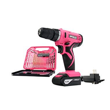 Apollo Tools DT4937P Powerful 10.8 V Lithium-Ion Cordless Drill with 30 Piece Drill Bit Set Pink Ribbon