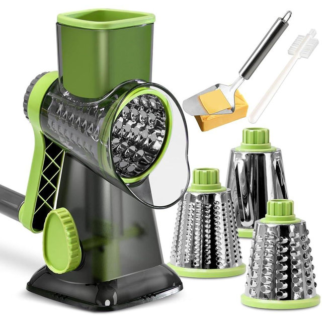 KEOUKE Rotary Cheese Grater with Handle Vegetable Cheese Shredder Slicer Grater for Kitchen 3 Changeable Blades for Cheese Potato Zucchini Nuts Chocolate (Green SP)