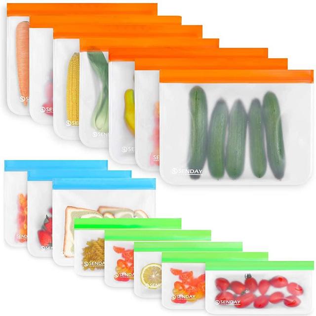 15 Pack Reusable Food Storage Bags, BPA FREE Freezer Bags Silicone Ziplock Bags (7 Reusable Gallon Bags, 3 Leakproof Sandwich Bags, 5 Thick Snack Bags) for for Meat Fruit Cereal Snacks & Organization