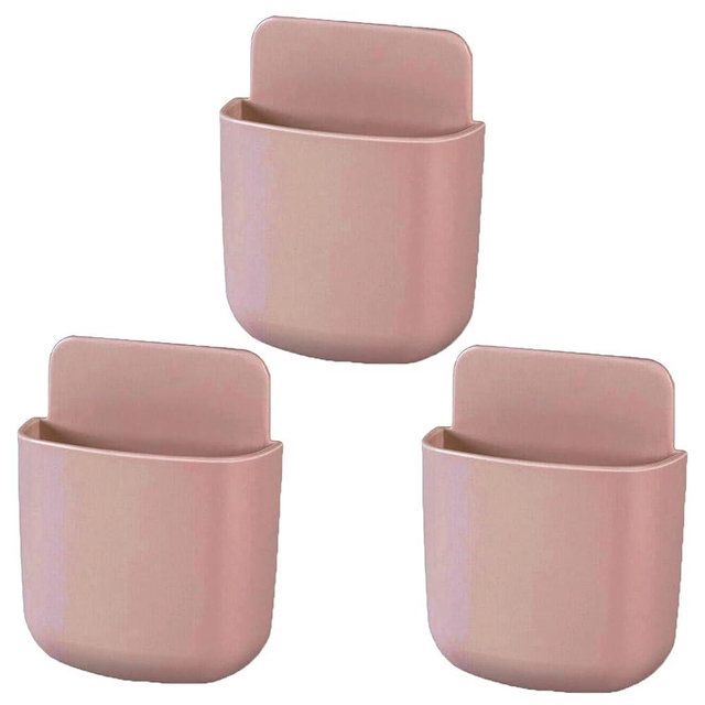 LVYOUIF 3 Pack Remote Control Holder Wall Mount Holders Hole-Free Phone Charging Organizer Pen Storage Containers For Home Office School Supply Storage (Dark Pink)