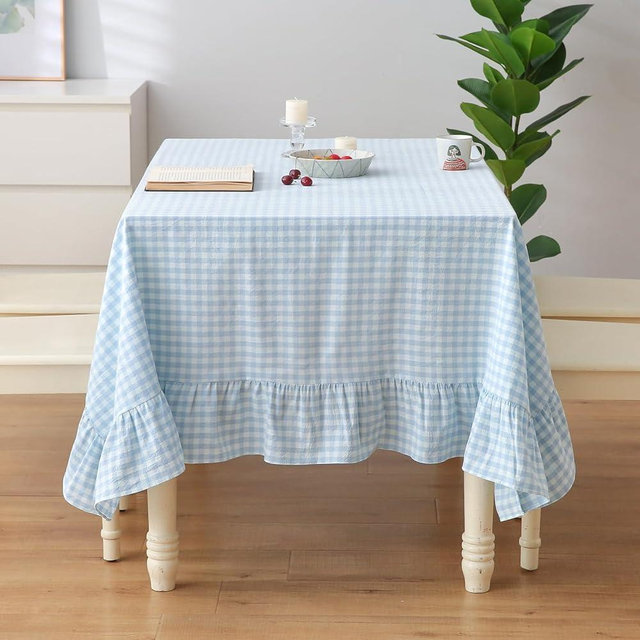 K MASANIJI Light Blue White Plaid Gingham Ruffled Table Cloth for Rectangle Table 6-8 Seats, 100% Washed Cotton Classic Farmhouse Checker Vintage Decorative Tablecloth - 102"x60"