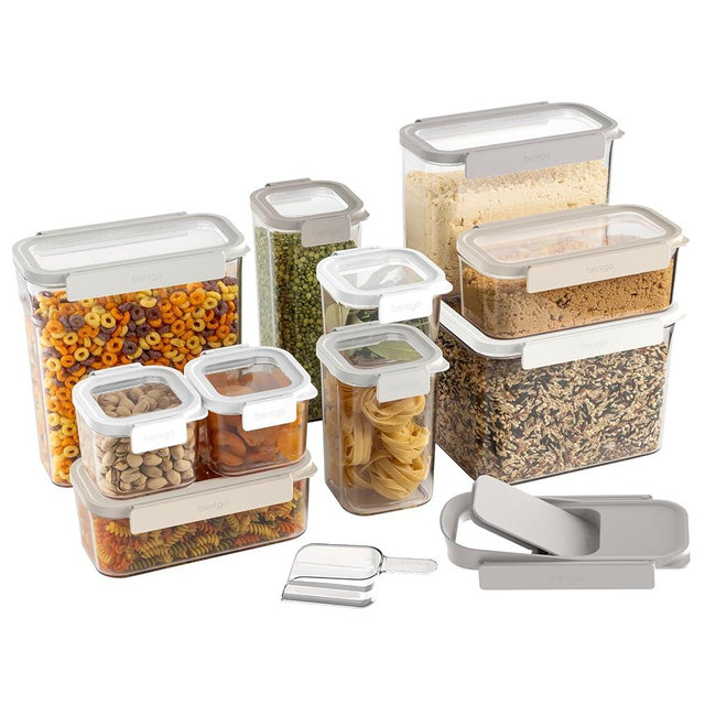 Bentgo Pantry - 22-Piece Airtight Food Storage Containers, Clear and Stackable Kitchen and Pantry Organization Set, Locking Lids for Freshness, Bonus Cereal Lid & Scoop, BPA-Free Plastic (White Stone)