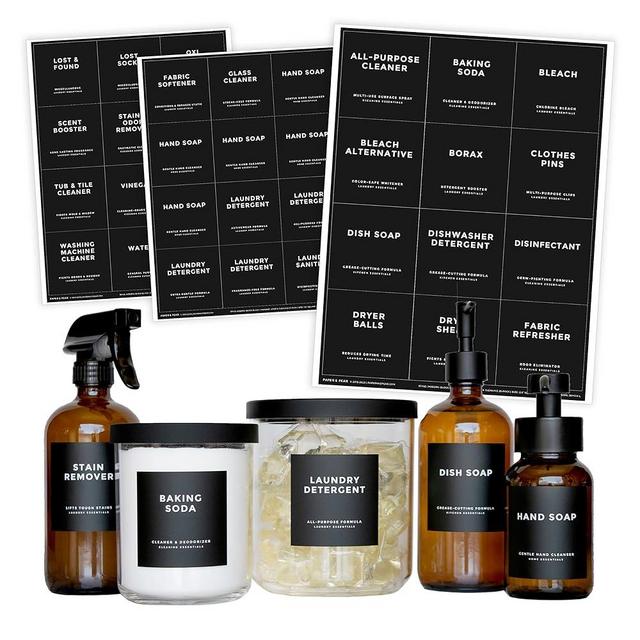 Modern-Block Black Bathroom Labels, Laundry Labels & Cleaning Labels by Paper & Pear - Waterproof Labels for Bottles - 2.6” Square Bathroom Labels for Organizing with Soap Labels - Set of 36