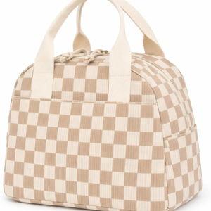 LOVELYWIND Insulated Brown checkered Lunch Bag for Women, Corduroy Tote with Aluminum Lining, Large Capacity Reusable Cooler for Work, Travel, Beach or Picnic, Checkered Water-Resistant Lunch Box