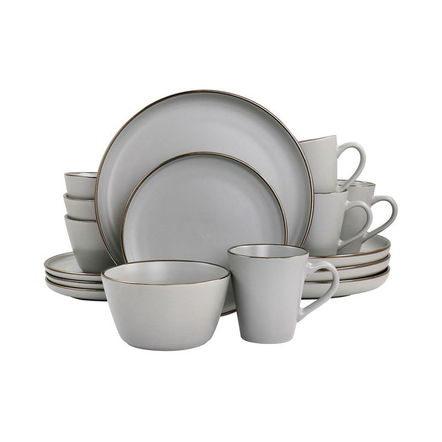 Elama Flat, Raised Rim, Gold-Tone Trim Simon 16 Piece Stoneware Dinnerware Set, Service for 4