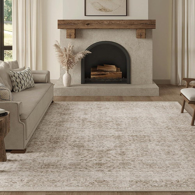 FMFUNCTEX 10x14 Washable Area Rug Beige Vintage Neutral Distressed Large Non Slip Carpet for Living Room Bedroom Soft Low Pile Indoor Mat Retro Floral Throw Rug for Dining Room Kitchen Office Nursery